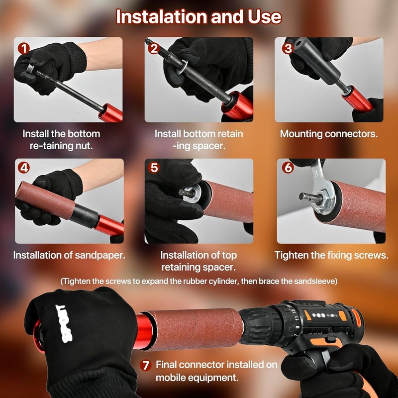 Mosxoed Hand-Held Rubber Sanding Drum for Drill - 4-1/2" x 1-1/2" and 4-1/2" x 1", Spindle Sander Adapter for Power Drill, Drum Sanding Sleeves for Wood and Metal - Image 5